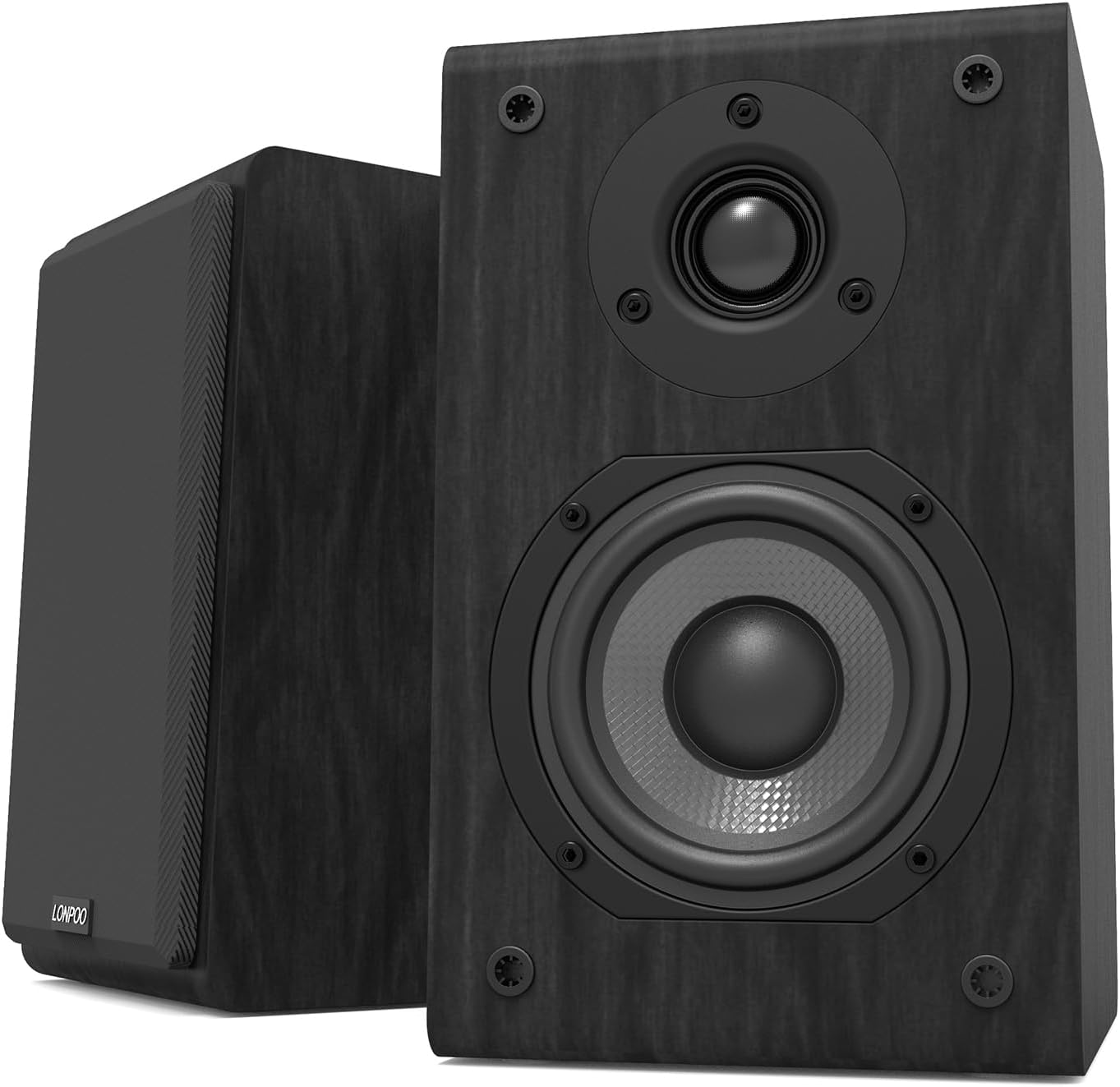 LONPOO Passive Bookshelf Speakers, 150W Wooden Cabinet Stereo Speakers Pair | 4" Carbon Fiber Woofer, 1" Silk Dome Tweeter, Amplifier Required