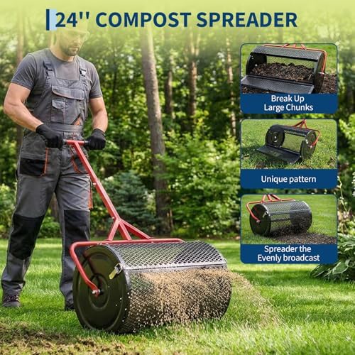 24 Inch Compost Spreader, Metal Mesh Roller Peat Moss Spreader with Adjustable T-Handle, Powder-Coated Lawn Seeder for Topsoil, Grass Seed