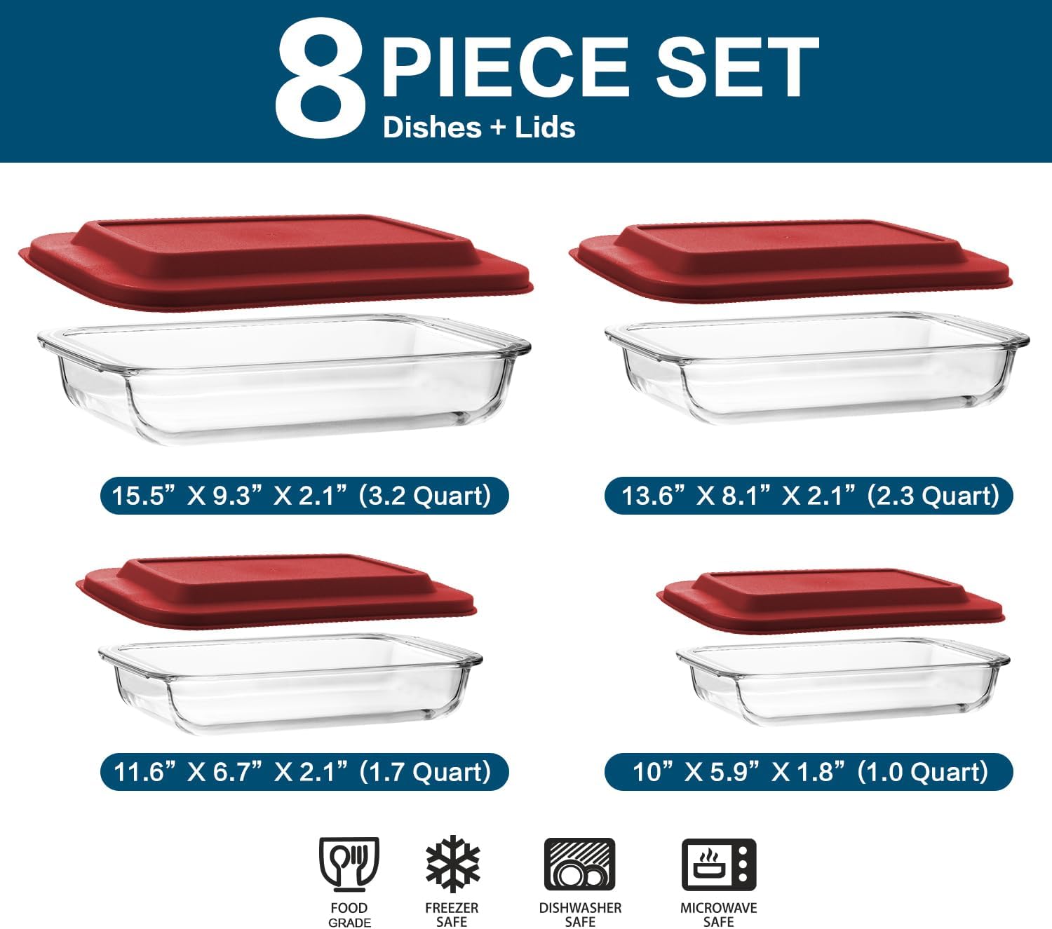 M MCIRCO 8 Piece Deep Glass Baking Dish with Lids, BPA free,Gray