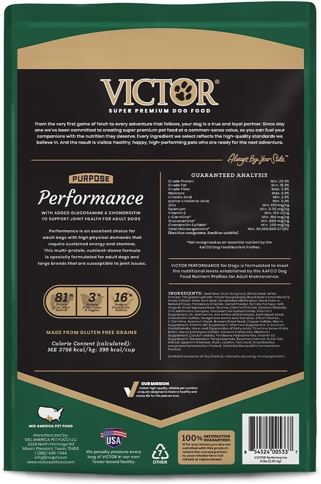 VICTOR Performance Dry Dog Food - Beef, Chicken & Pork Meal, 40 lb | Super Premium Dog Food, 26% Protein, For Active Adult Dogs, Includes Glucosamine and Chondroitin for Hip & Joint Health