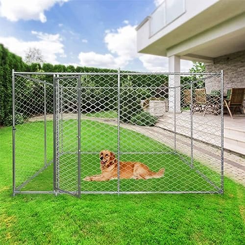 Lucky Dog 10' x 10' x 6' Heavy Duty Outdoor Welded Galvanized Steel Chain Link Dog Kennel Enclosure with 2 Configurations and Latching Door, Silver