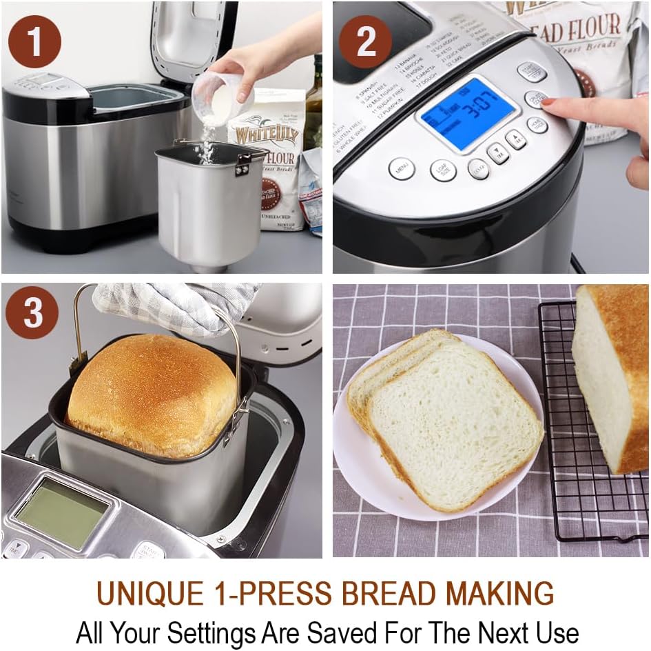 KITCHENARM 29-in-1 SMART Bread Machine with Gluten Free Setting 2LB 1.5LB 1LB Bread Maker Machine with Homemade Cycle - Stainless Steel Breadmaker