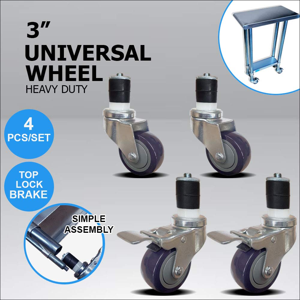 3" Casters for Stainless Steel Work Table | Wheels for Metal Prep Tables | Set of 4