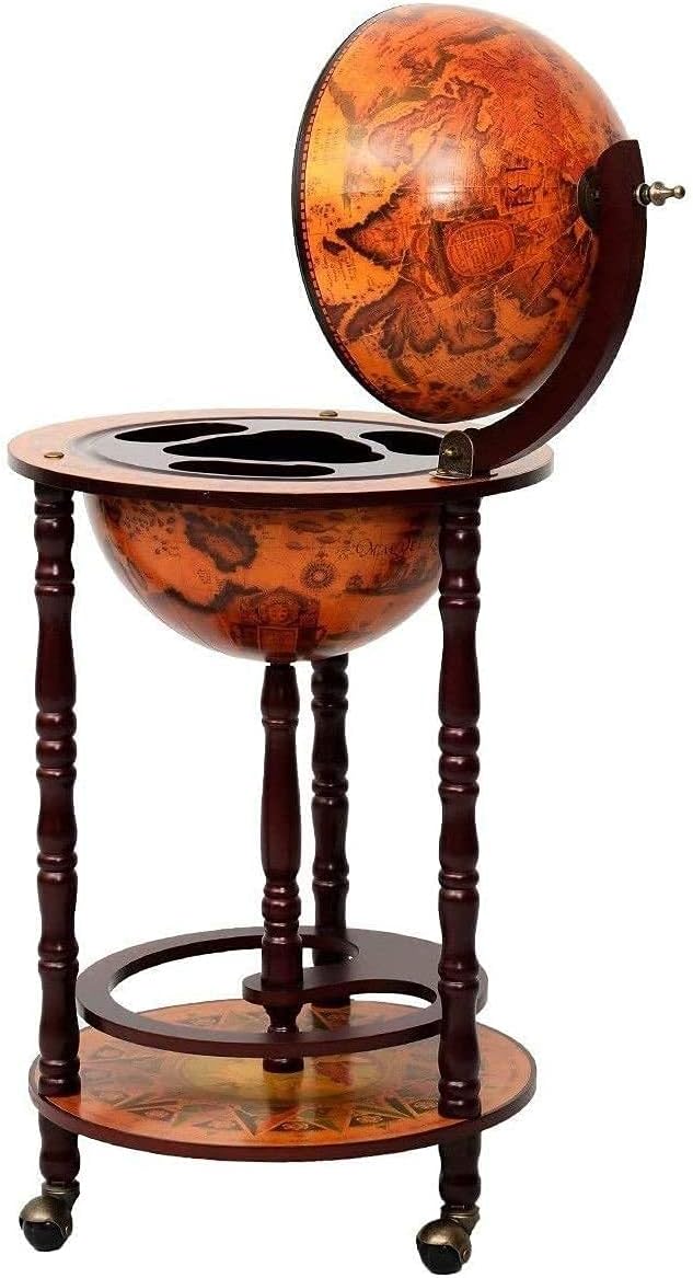 LDAILY Moccha 17” Globe Wood Wine Bar Stand, 16th Century Italian Replica Liquor Bottle Shelf w/Wheels, Wood Wine Cart Cabinet w/Bottom Shelf