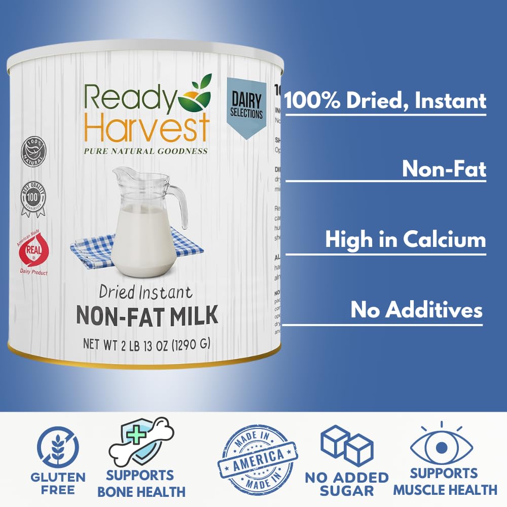 Ready Harvest Emergency Food - Non-Fat Milk Powder | Powdered Milk | Survival Food | #10 Can | 25-Year Shelf Life | 2 lbs | Cans Filled to the Top