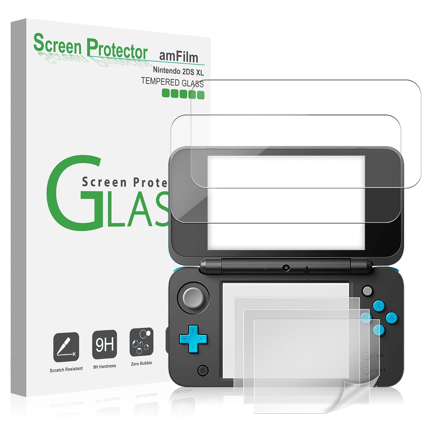 amFilm Screen Protector for Nintendo 2DS XL 2017, 2 GLASS Top, 4 PET Bottom | Drop & Scratch Protection, Easy to Instllation & Bubble Free, HD Clear