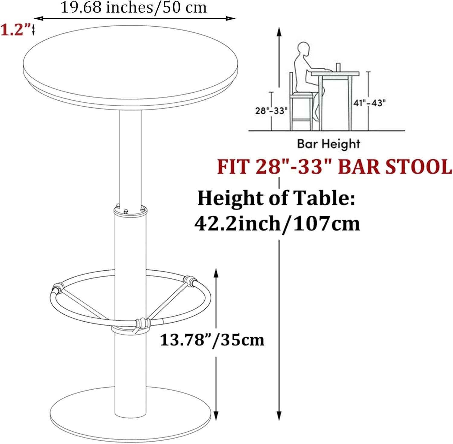 LOKKHAN 42" Tall Rustic Industrial Bar Table 19.68" Dia Round Wooden Top Metal Frame Height Fixed Standing Pub Dining Room Bistro Cocktail Table, Black & Brown