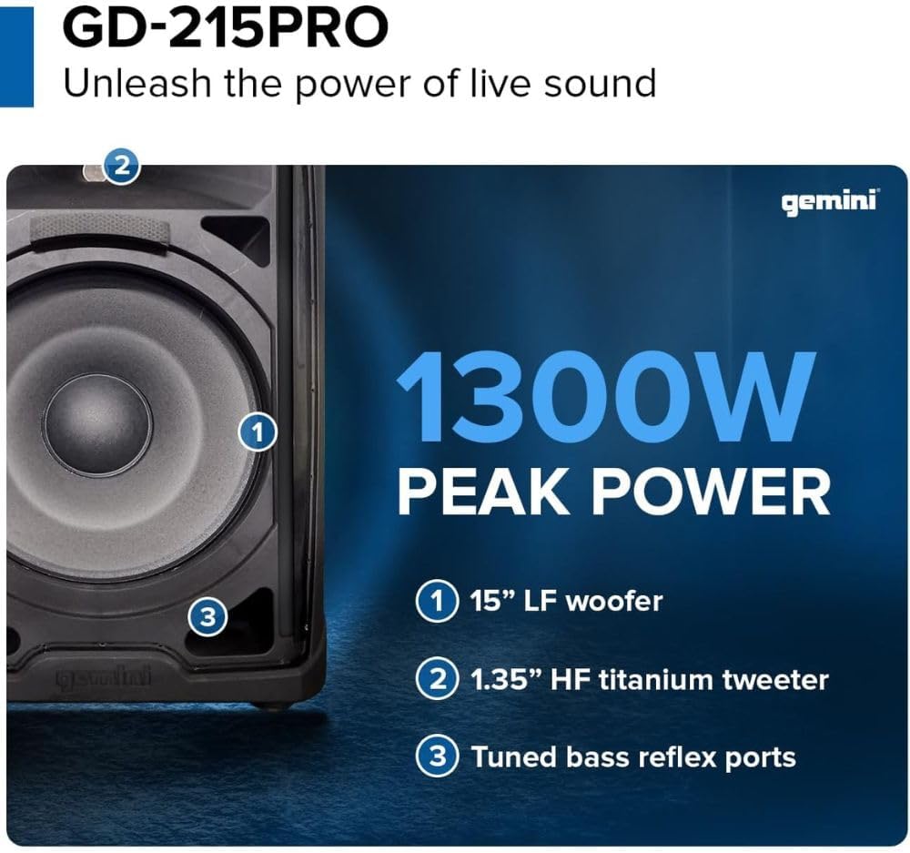 Gemini Sound GD-215PRO 1300-Watt Professional PA Speakers with Bluetooth Bundle with Auray SS-4420 Steel Speaker Stand and XLR- XLR Cable