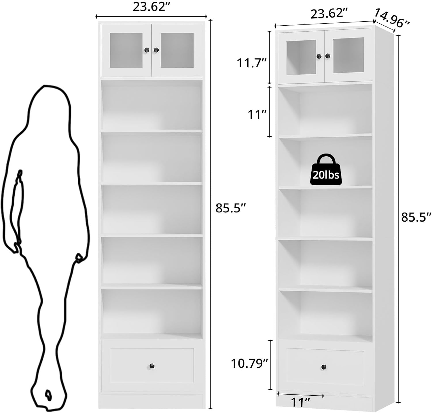 TUSY 85.5 Inch Tall Bookshelf with Doors - 7 Tier Bookcase with Glass Doors and Drawer, 23.6" Wide Storage Cabinet with Open Shelves for Living Room, White Book Shelf for Home Office, Study (AAAA)