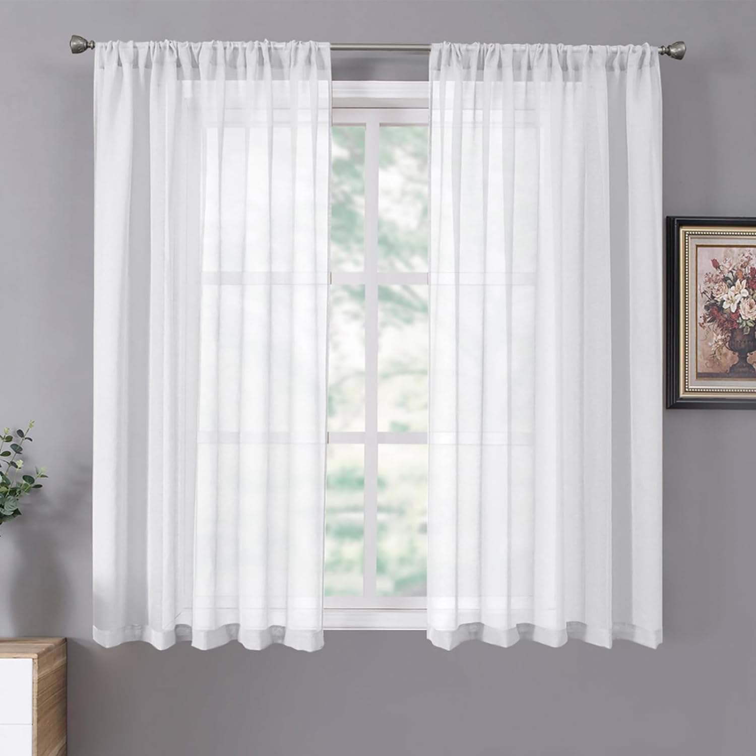 Tollpiz Sheer Curtain Linen Textured Living Room Curtains Sheer Light Filtering Rod Pocket Voile Curtain for Bedroom, 54 x 72 inches Long, White