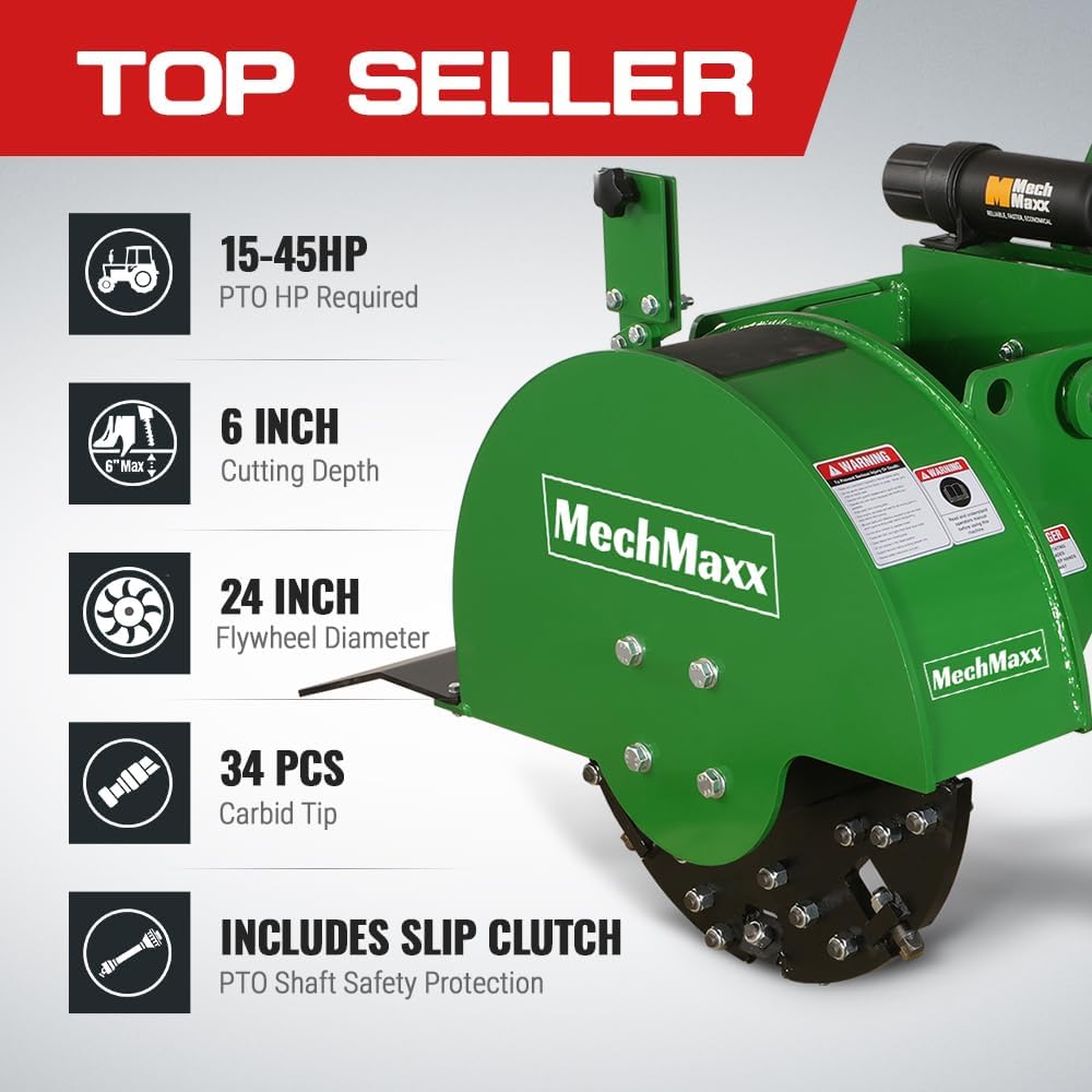 MechMaxx Heavy Duty 3-Point PTO Powered Stump Root Grinder For 15-45HP Tractors With 34 Carbide Teeth, 6'' Cutting Depth, 24'' Flywheel Diameter, Model SG24 Orange