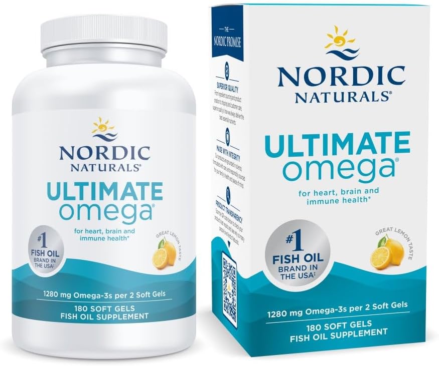 Nordic Naturals Ultimate Omega, 1280mg Omega-3 Fish Oil, Lemon - 60 Count | High-potency Omega-3 Fish Oil with EPA & DHA supports brain & heart health. Non-GMO, burpless formula. 30 servings.
