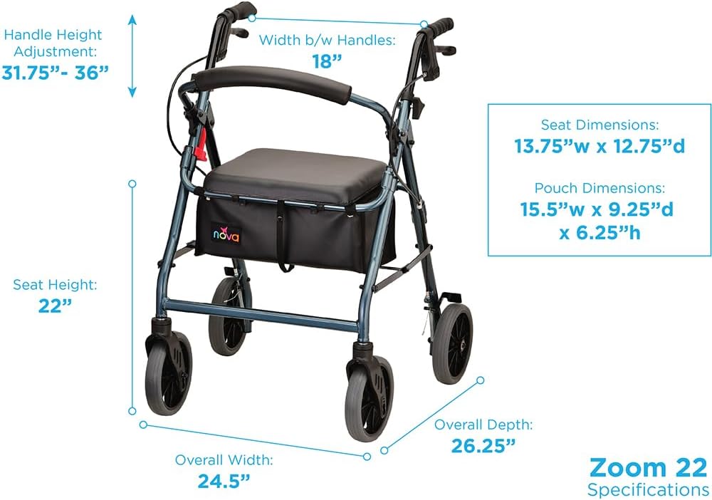 NOVA Zoom 22 Rollator Walker for Seniors, Rolling Walker with Locking Hand Brakes, Padded Seat & 8" Wheels, Lock N Load for Easy Transport & Storage, Adjustable Height 5'5"–6'1", Red