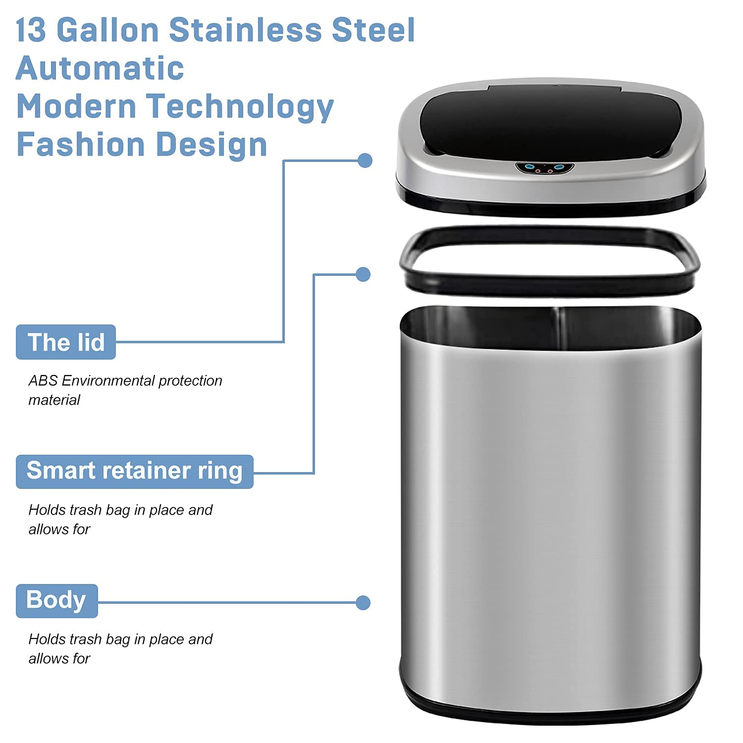 13 Gallon Touch-Free Automatic Stainless-Steel Trash Can Garbage Can Metal Trash Bin with Lid for Kitchen Living Room Office Bathroom, Electronic Motion Sensor Automatic Closure & Opening