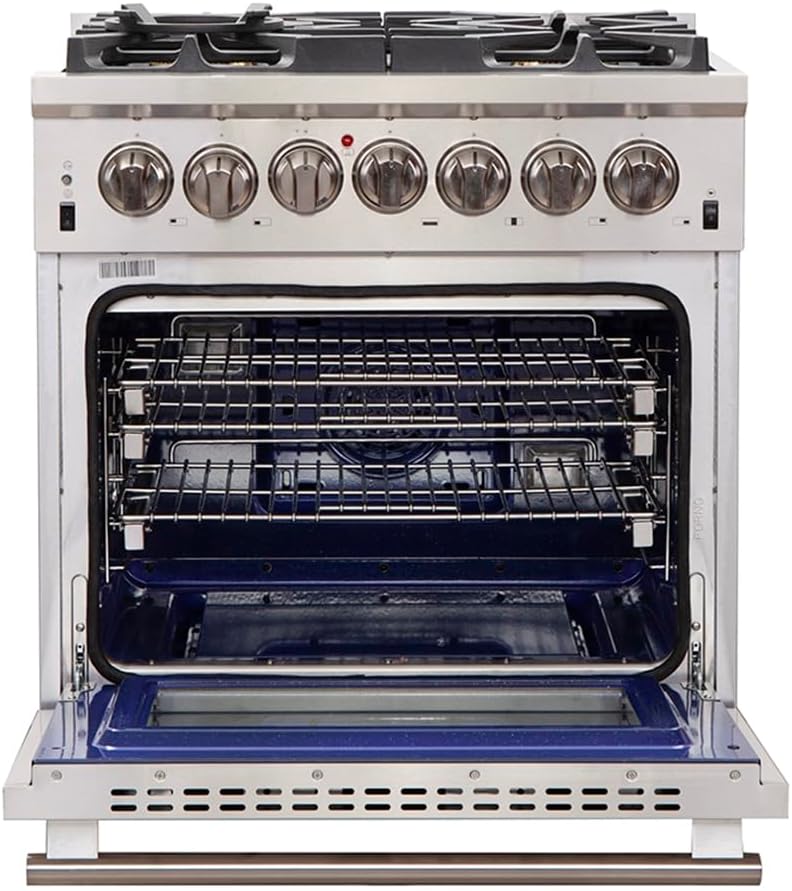 FORNO Capriasca Dual Fuel 30" Inch. Freestanding Range 5 Sealed Brass Burners Cooktop and 4.32 Cu. Ft. Electric Convection Oven - Stainless Steel