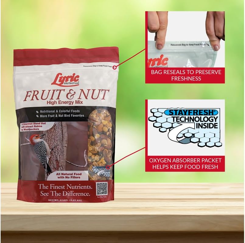 Lyric Fruit and Nut Wild Bird Seed - High Energy Wild Bird Food Mix - Attracts Woodpeckers, Chickadees & Other Songbirds -5 lb. Bag | Attracts Woodpeckers, Chickadees and other songbirds