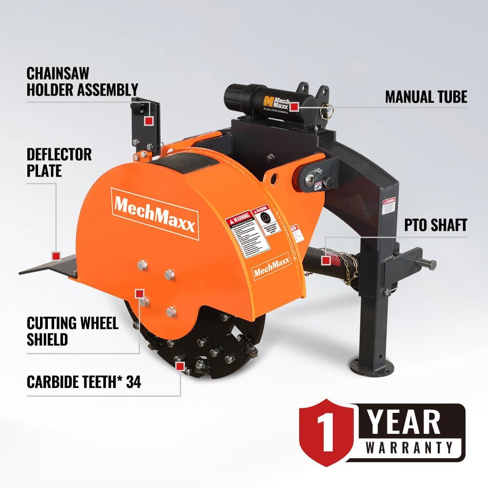 MechMaxx Heavy Duty 3-Point PTO Powered Stump Root Grinder For 15-45HP Tractors With 34 Carbide Teeth, 6'' Cutting Depth, 24'' Flywheel Diameter, Model SG24 Orange