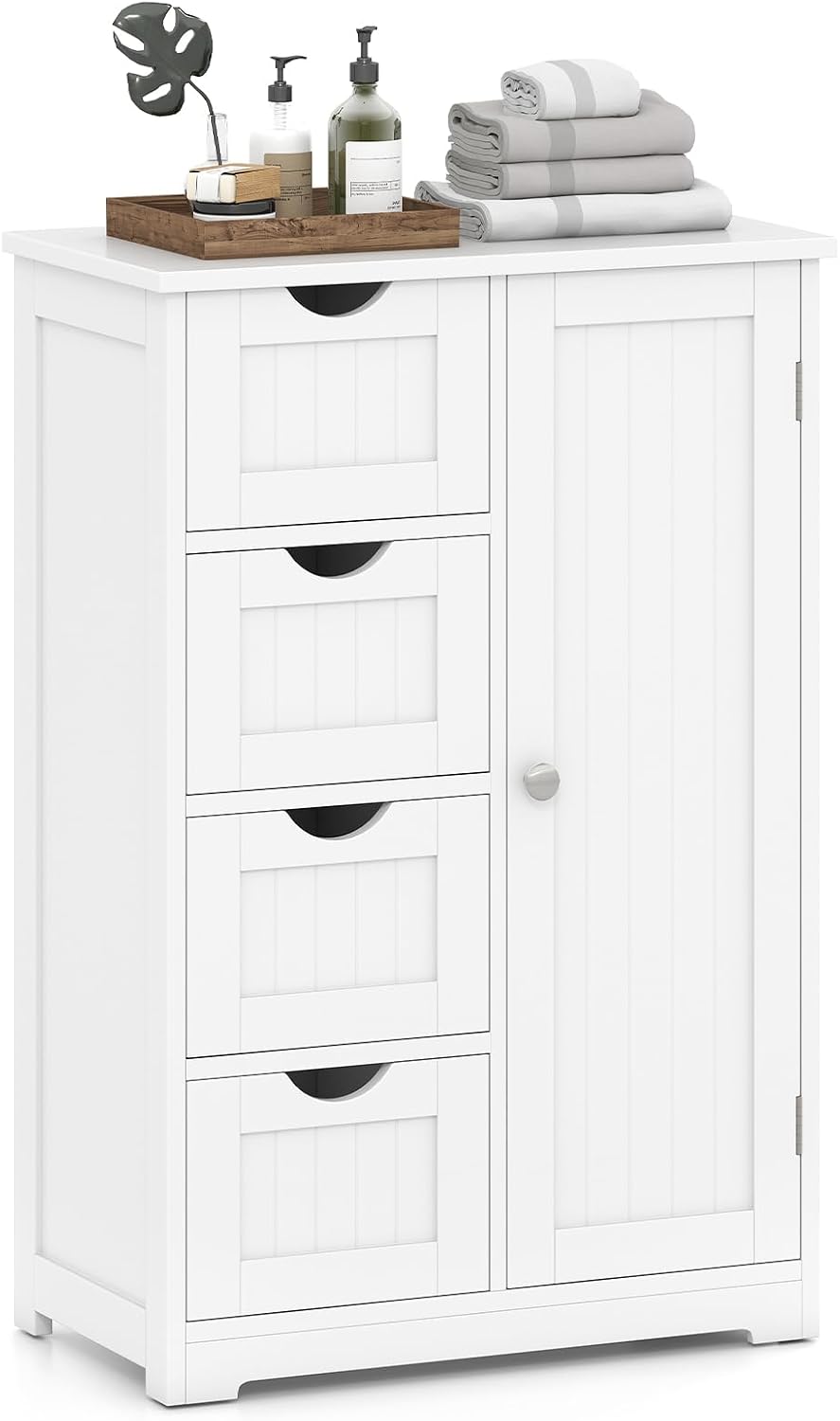 Giantex Storage Cabinet with 4 Drawers, Bathroom Storage Organizer with Cupboard, Adjustable Shelf, Anti-Toppling Device, Floor Cabinet, Entryway Storage Unit Console Table, White