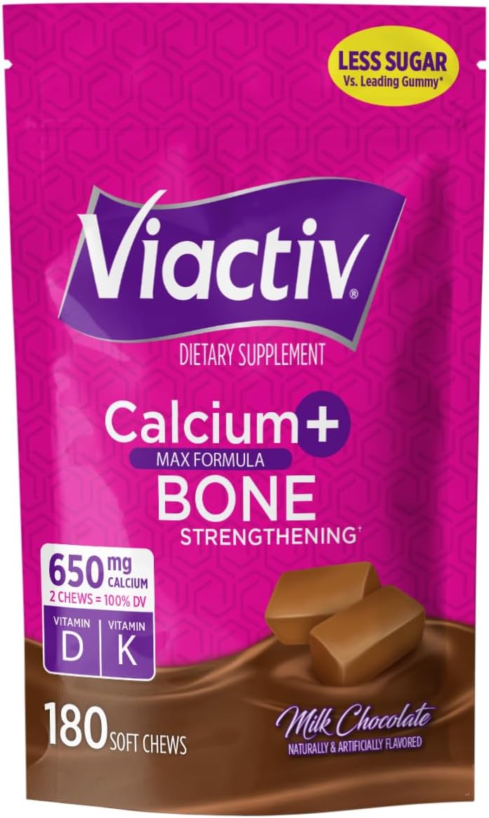 Viactiv Calcium + Vitamin D Supplement Soft Chews for Women & Men - Chewable Calcium for Bone Health Support, 650 mg per Serving, Vitamin D & K for High Absorption - 60 Count, Caramel