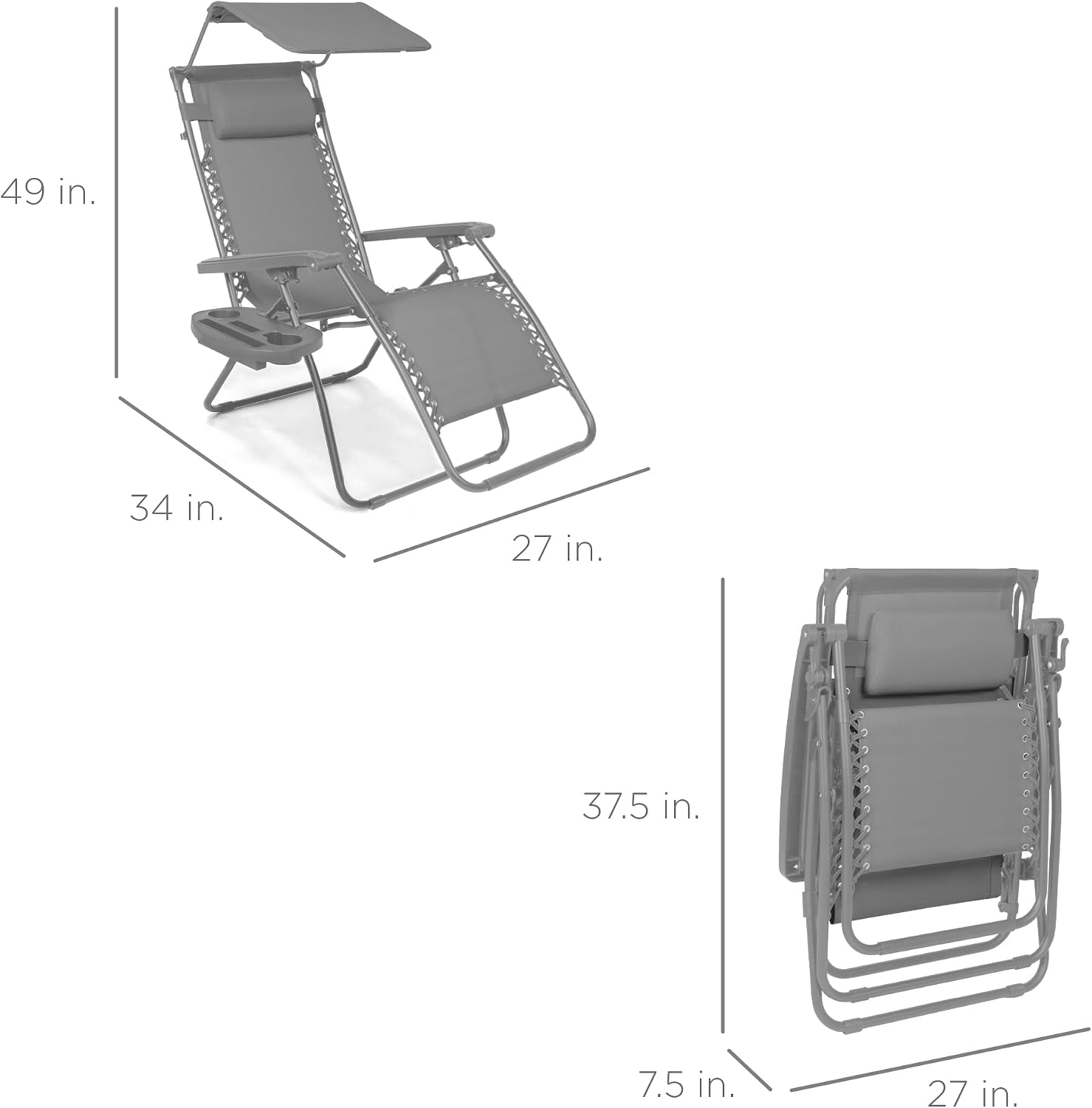 Best Choice Products Folding Zero Gravity Outdoor Recliner Patio Lounge Chair w/Adjustable Canopy Shade, Headrest, Side Accessory Tray, Textilene Mesh - Beige