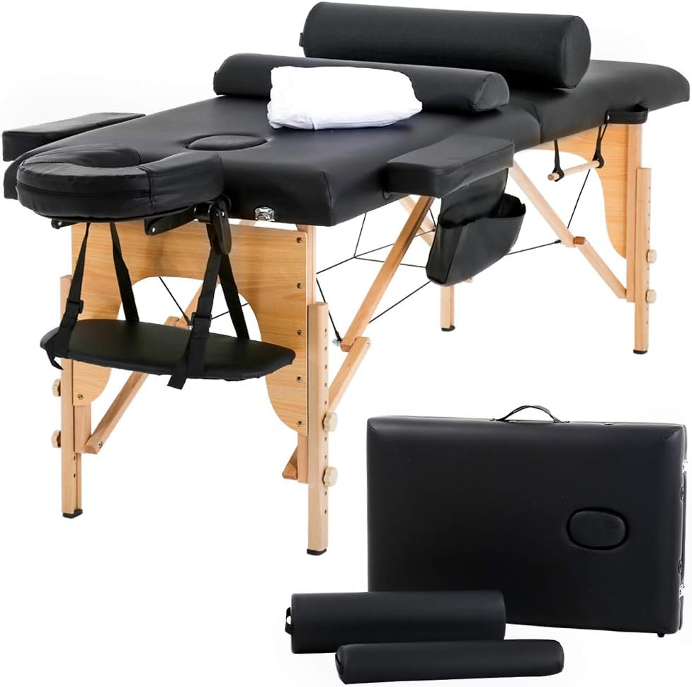 BestMassage Massage Bed Portable Massage Table 28 inch Wide Lash Bed Height Adjustable 2 Folding Spa Table with Towel Hanger Oil Pouch Half Bolster Round Bolster Non-Woven Bag