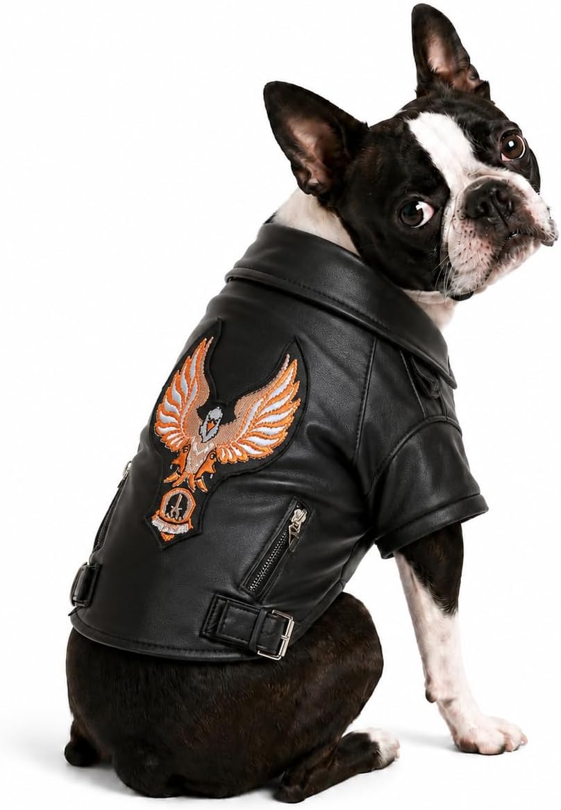 Lovelonglong Cool Dog Leather Jacket, Warm Coats Dogs Windproof Cold Weather Coats for Large Medium Small Dogs with Eagle Embroidery Black XS