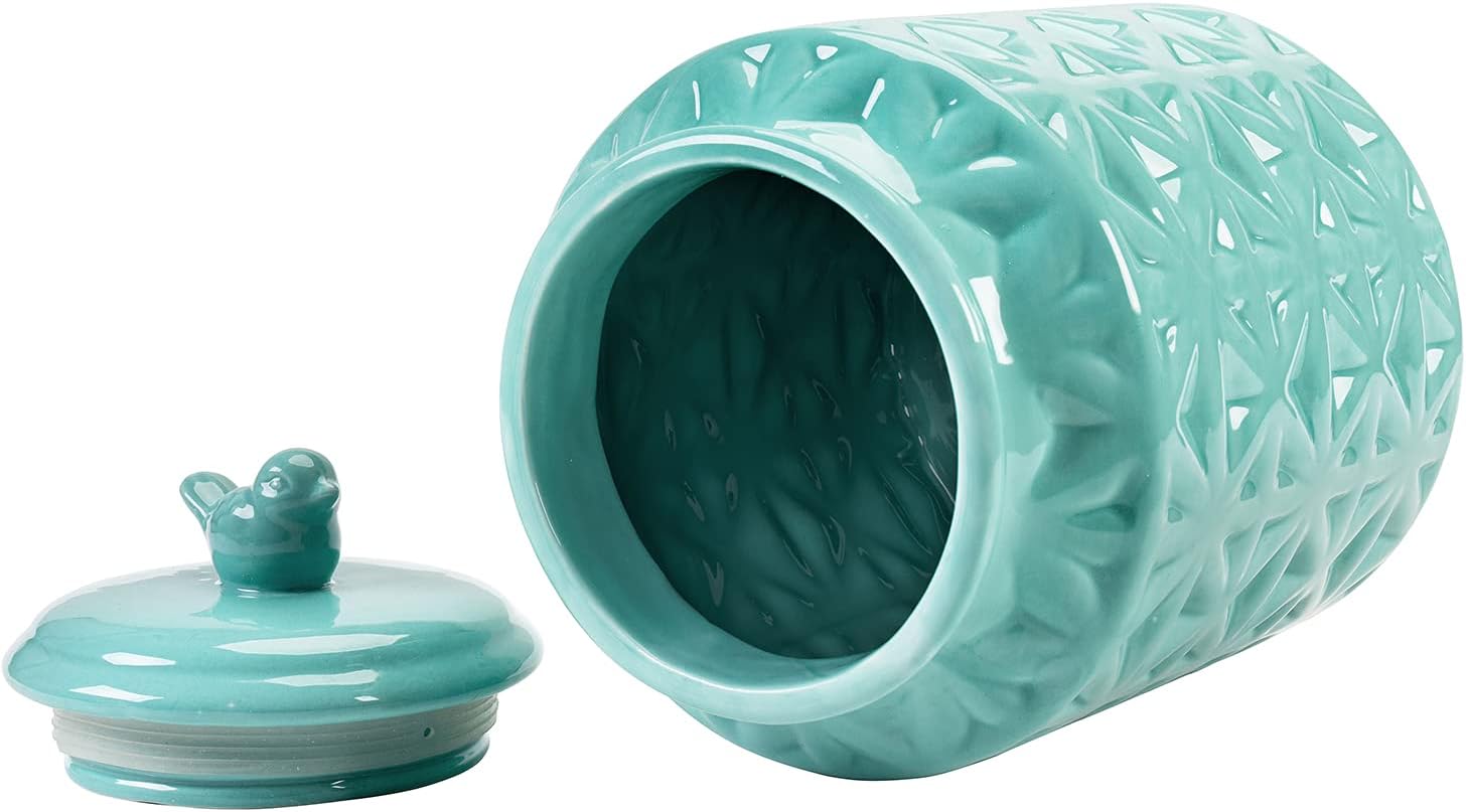MyGift Vintage Turquoise Ceramic Kitchen Jar with Lid, Cookie Jar Storage Containers Airtight with Embossed Star and Bird Design