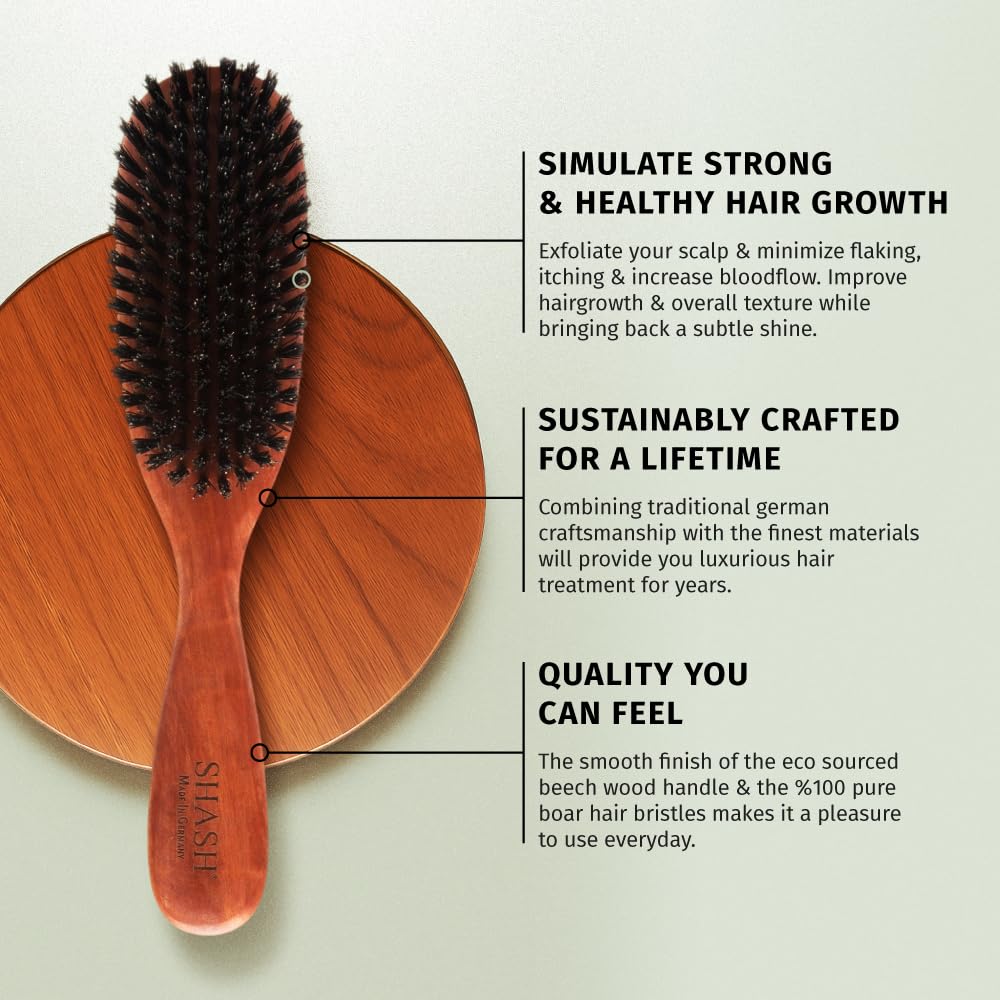 SHASH Classic German First Cut 100% Boar Bristle Hair Brush Since 1869 - Conditions Hair, Improves Texture, Exfoliates Scalp