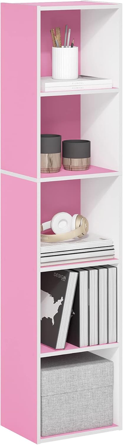 Furinno LUDER Book Shelf, 5-Cube Bookshelf, Reversible Bookcase, 9.4 x 19.5 x 31.5, Easy Assembly, for Living Room, Bedroom, Home Office, White