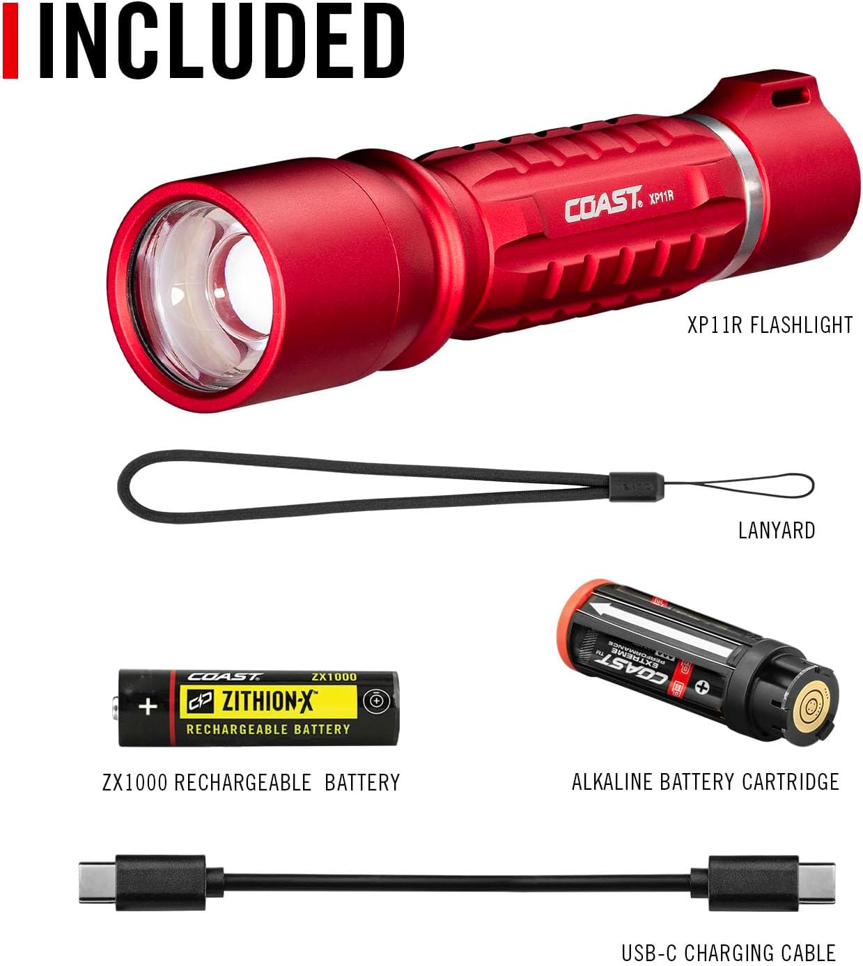 Coast XP11R 2600 Lumen USB-C Rechargeable LED Flashlight with Slide Focus and Pure Beam Focusing Optic, 4 Light Modes, Black