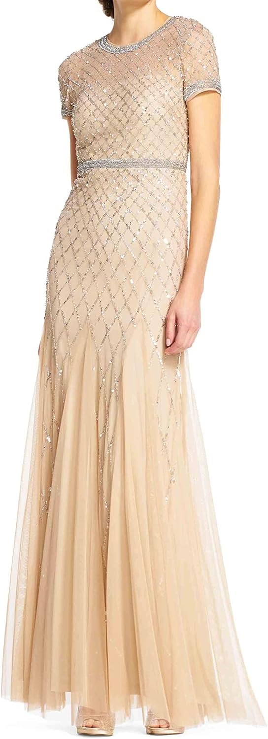 Adrianna Papell Womens Short-Sleeve Grid Beaded Gown