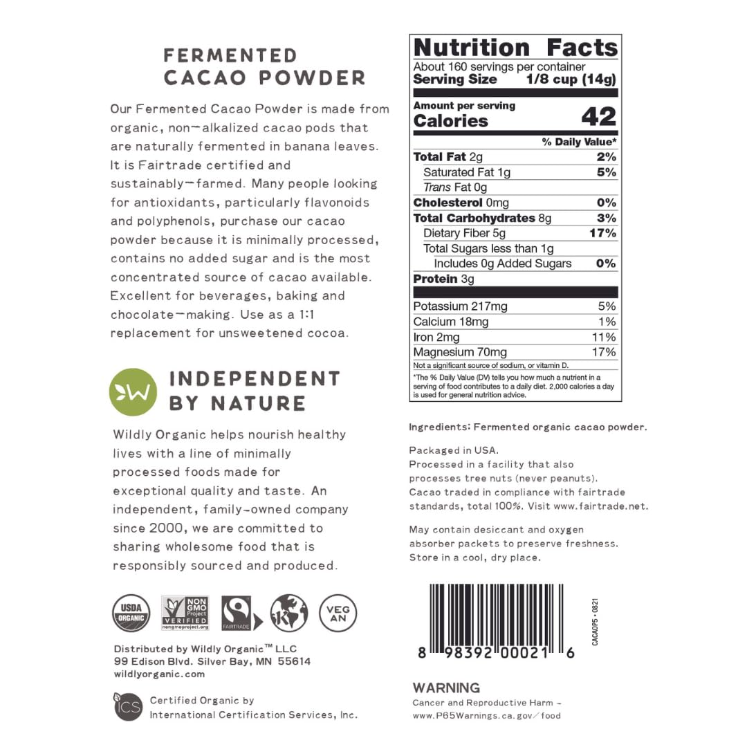 Wildly Organic Fermented Cacao Powder 8 Oz Bag | Perfect for Skin, Smoothies, Yogurt, Oatmeal, Chocolate, Fudge, Baking, & Hot Cocoa