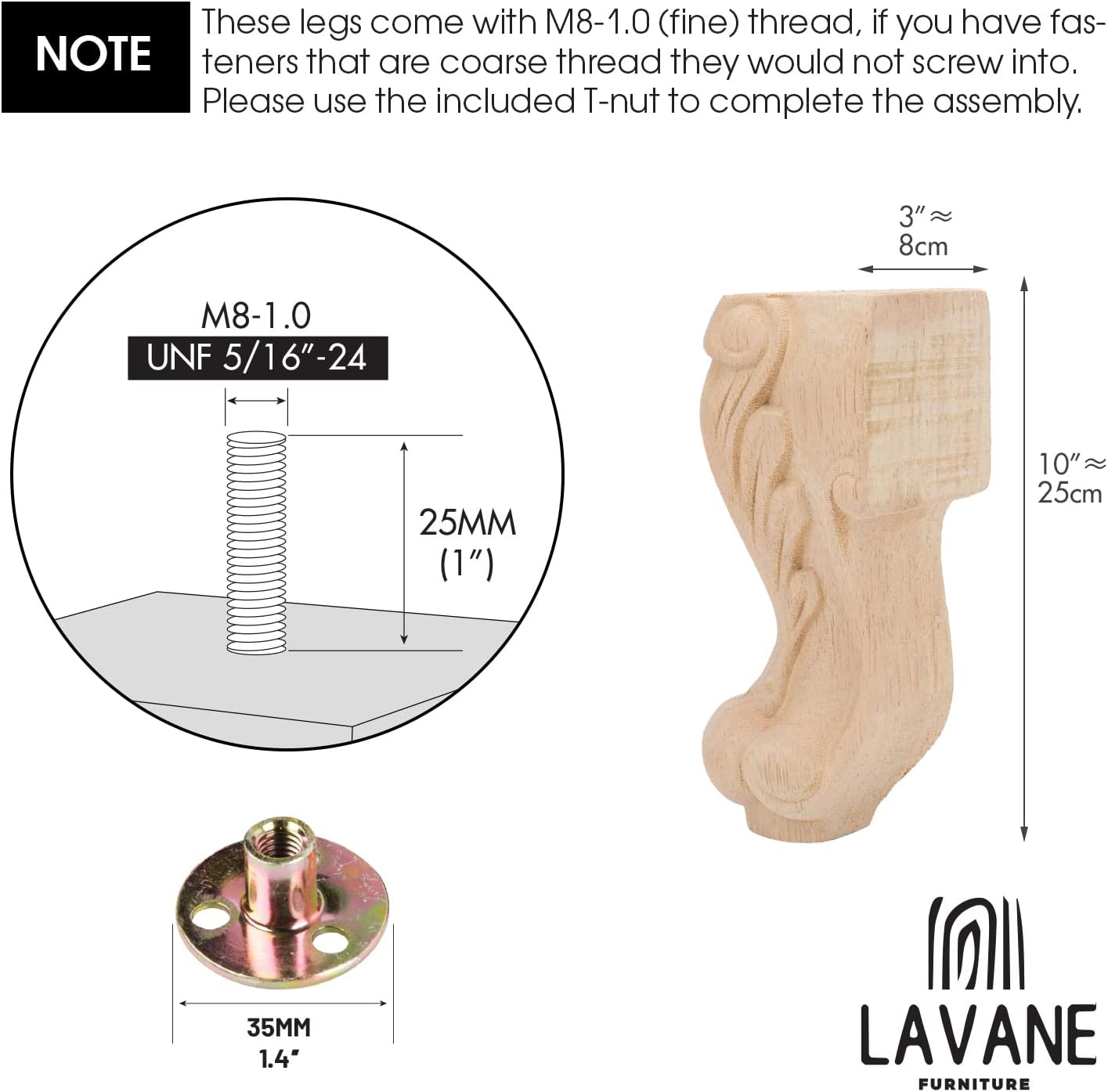 La Vane 6 inch / 15cm Wooden Furniture Legs, Set of 4 European Style Solid Wood Carving Furniture Replacement Feet Decoration for Sofa Cabinet Wardrobe Table Loveseat