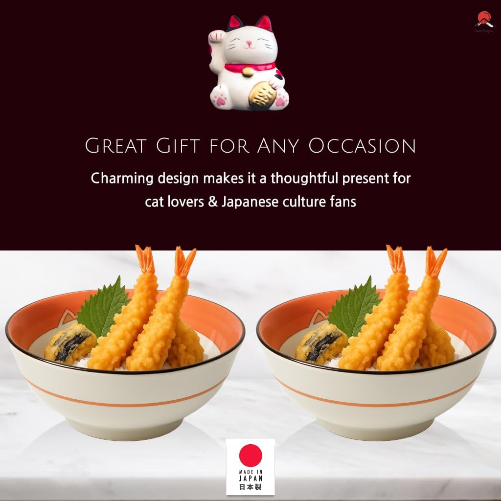 JapanBargain Set of 2 Japanese Porcelain Bowls, Large 7.5 Inch Ramen Udon Noodle Rice Soup Pho Poke Cereal Bowl, Maneki Neko Smiling Lucky Cat Pattern