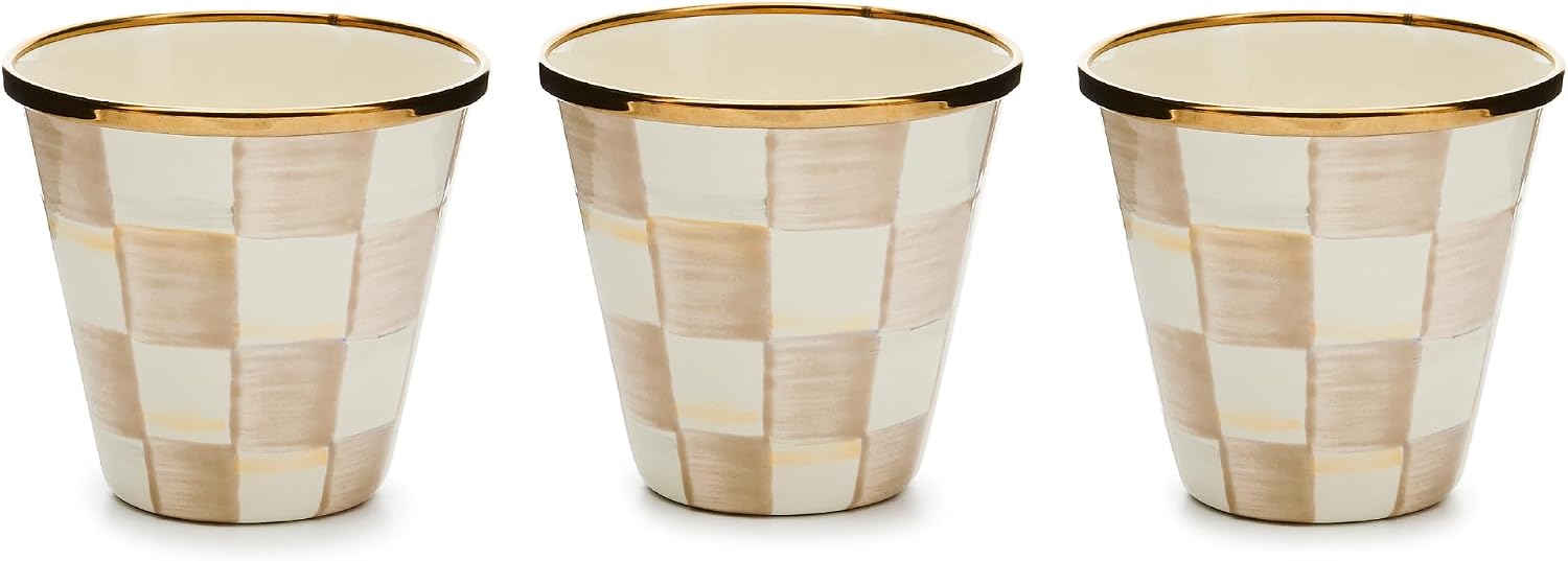 MACKENZIE-CHILDS Enamel Herb Pot Set, Small, Black-and-White Courtly Check | Hand-painted design, small plant pots for herbs or flowers, 8-ounce capacity per pot, set of 3