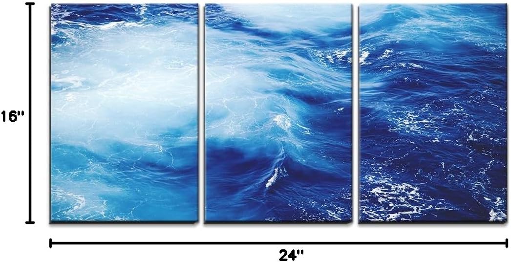 wall26 - 3 Piece Canvas Wall Art - Blue Ocean Waves - Modern Home Art Stretched and Framed Ready to Hang - 16"x24"x3 Panels