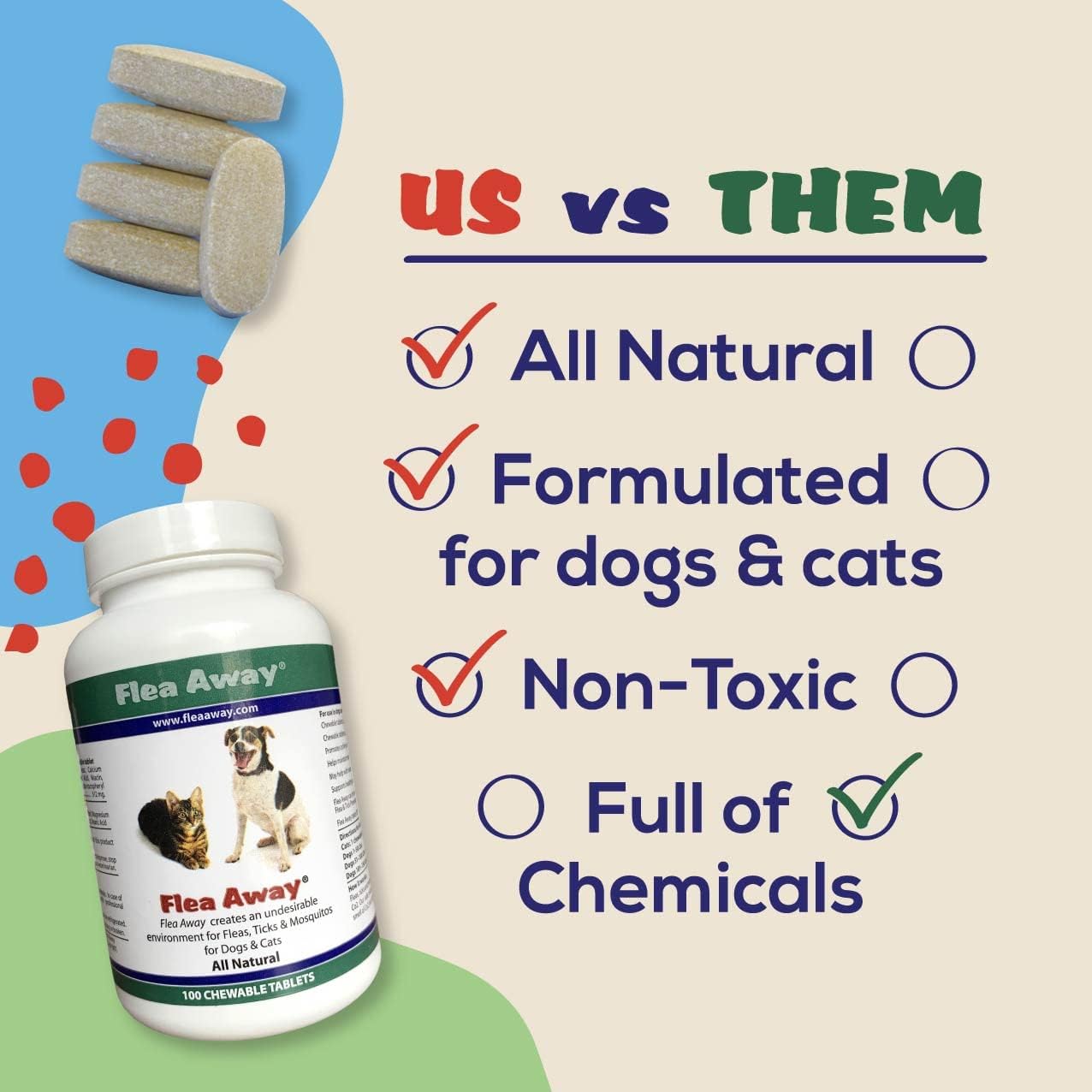 Flea Away All Natural Supplement for Fleas, Ticks, and Mosquitos Prevention for Dogs and Cats, 100 Chewable Treat Tablets, Single