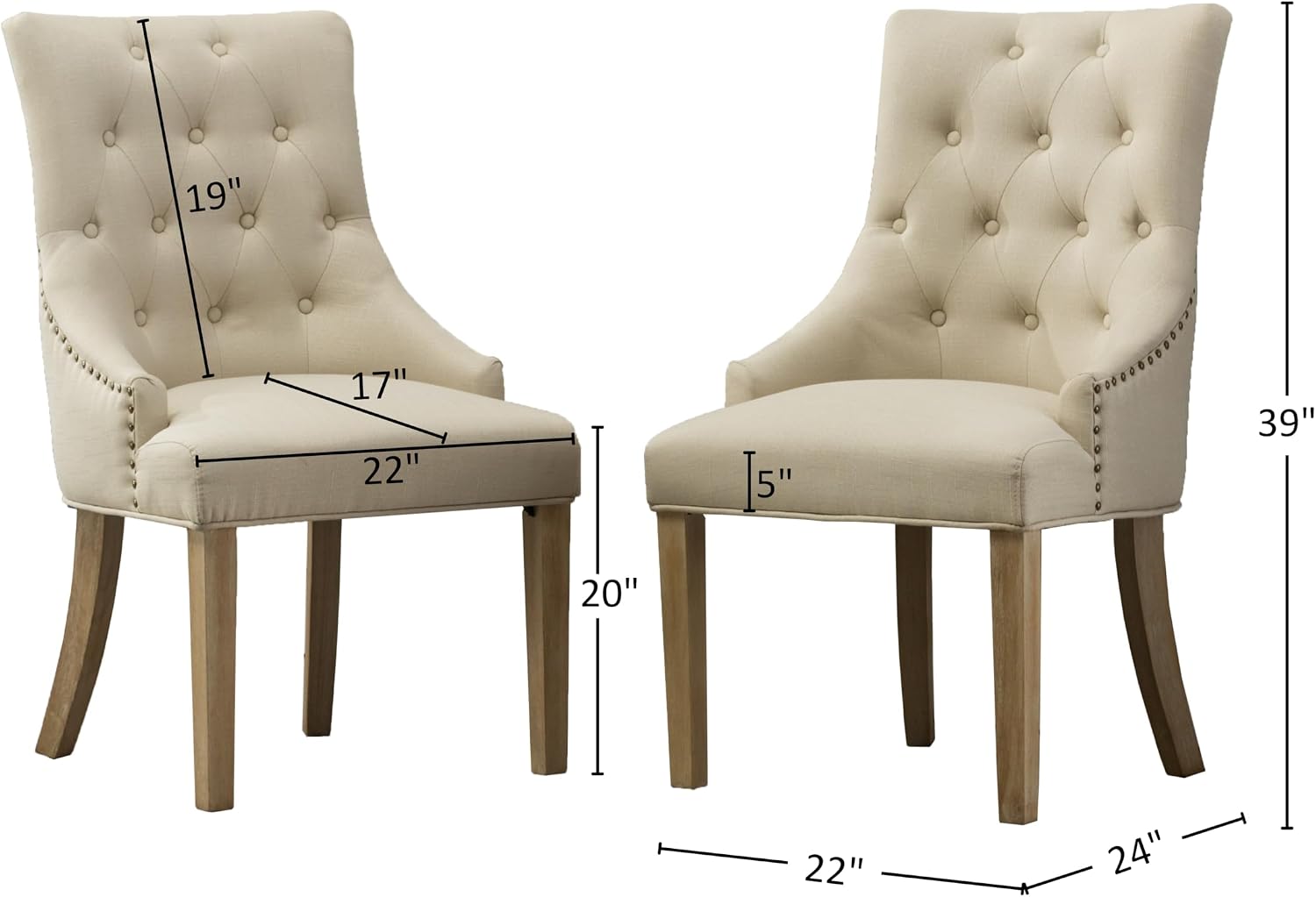 Roundhill Furniture Button Tufted Solid Wood Wingback Hostess Chairs with Nail Heads, Set of 2, Tan, White, "Tan, 24D x 22W x 39H in