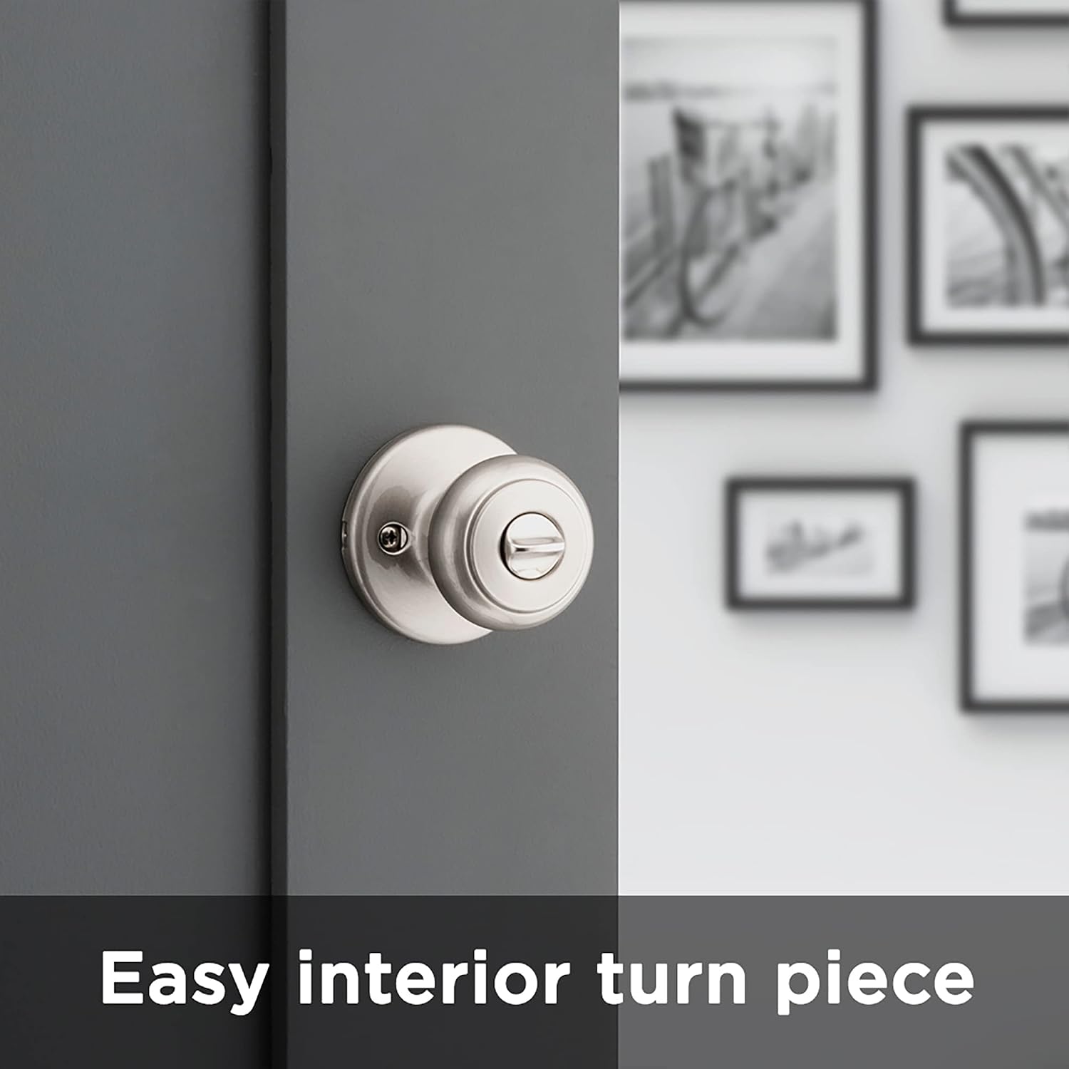 Kwikset Cove Interior Privacy Door Knob with Lock, Door Handle For Bathroom and Bedroom, Satin Nickel Keyless Turn Lock Doorknob, with Microban Protection