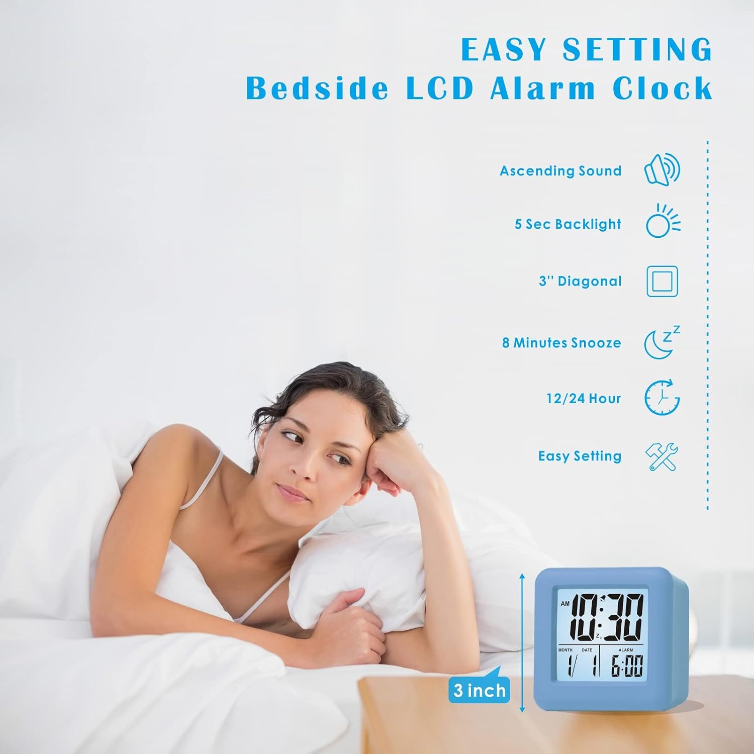 Plumeet Digital Alarm Clock Kids Clock with Snooze and White Nightlight - Easy Setting Travel Alarm Clocks Display Time, Date