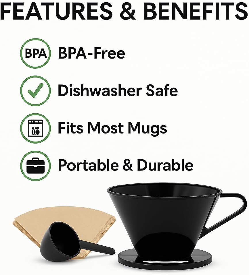 Single Cup Pour Over Coffee Dripper with Scoop & 10 Filters – #2 Cone Style Manual Brewer, BPA-Free Plastic, Portable Dishwasher Safe Coffee Maker