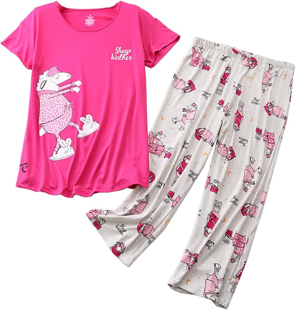 ENJOYNIGHT Womens Pajama Set Cotton Summer Pj Top with Capri Pant Sleepwear