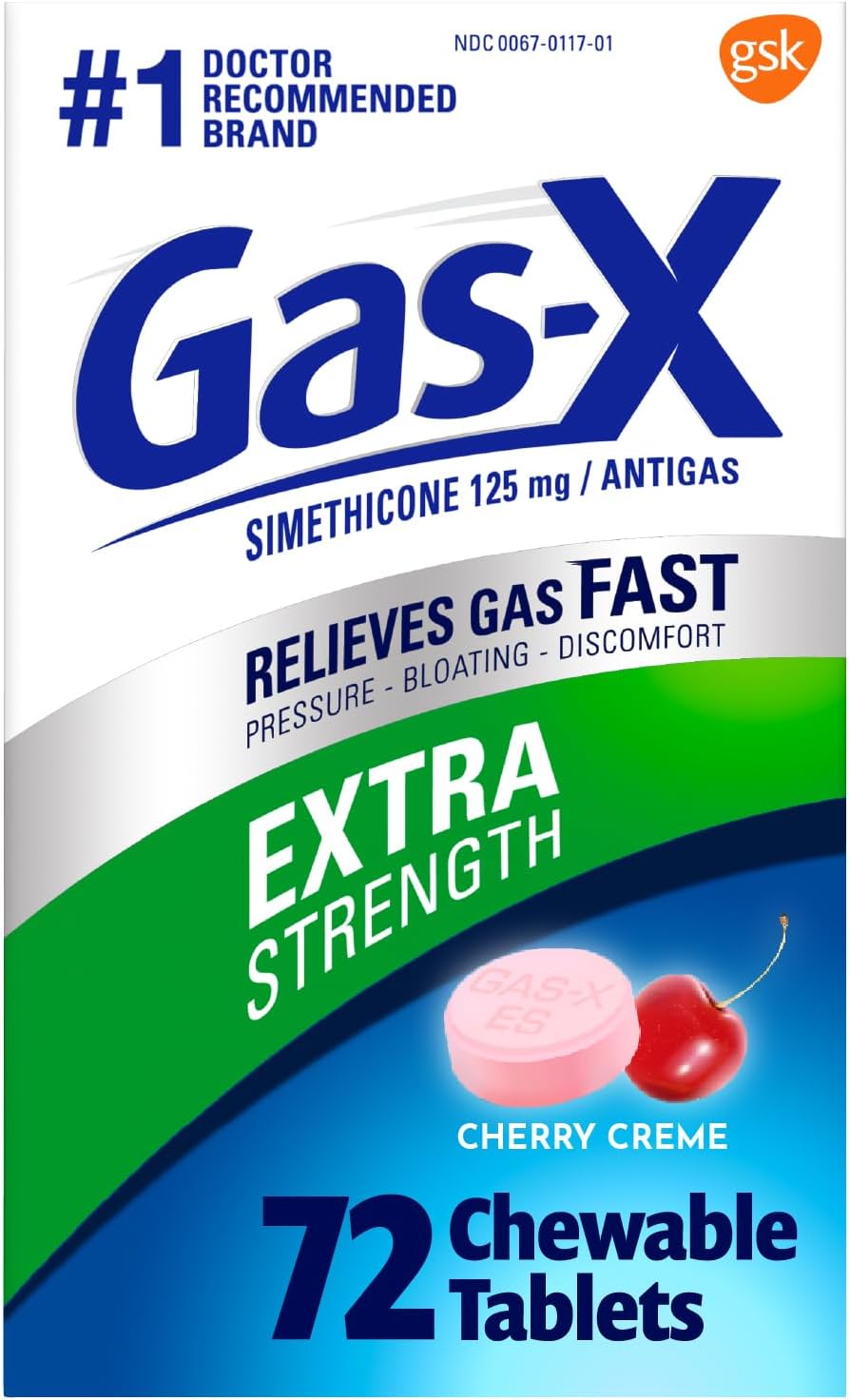 Gas-X Extra Strength Chewable Tablets, Gas Relief, Cherry, 72 Count | Simethicone 125mg Extra Strength Chewable Tablets, Fast Gas and Bloating Relief