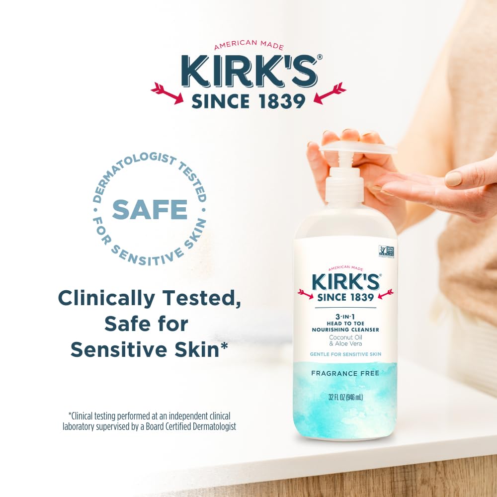 Kirk's Juniper & Lime​ 3-in-1 Nourishing Cleanser, Shampoo Body Wash Bubble Bath, Coconut Oil and Aloe Vera, Vegan Non-GMO, 32 Fl Oz
