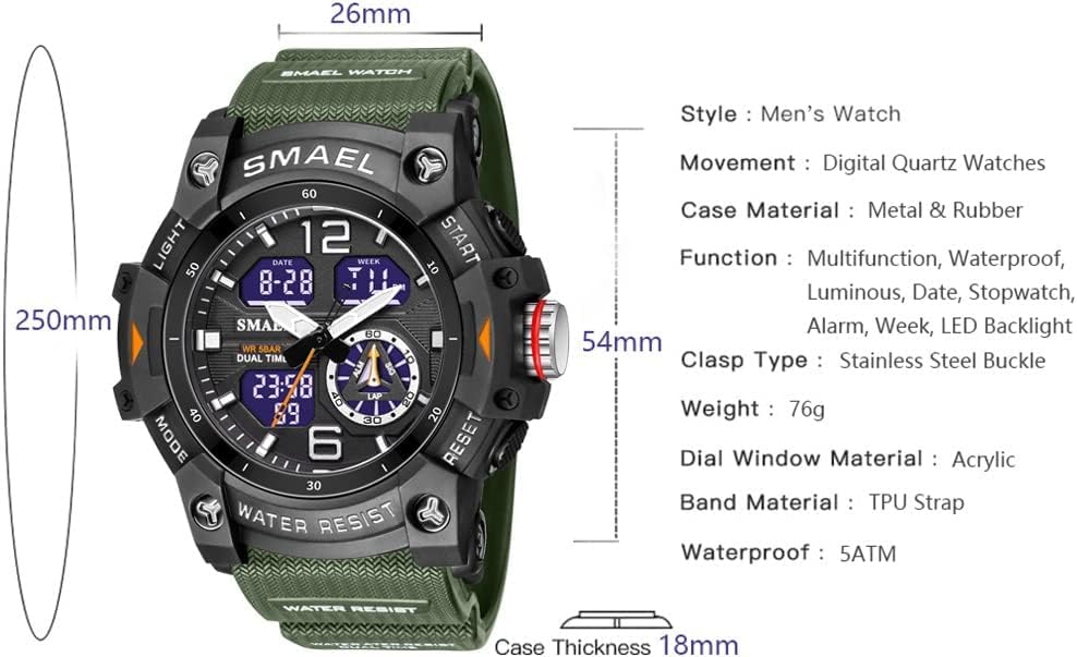 Gosasa Men's Large Face Outdoor Sports Watches Military S-Shock Watch Waterproof, Backlight, Alarm, Stopwatch Features - Rugged Wristwatch for Training, Hiking, and Adventure
