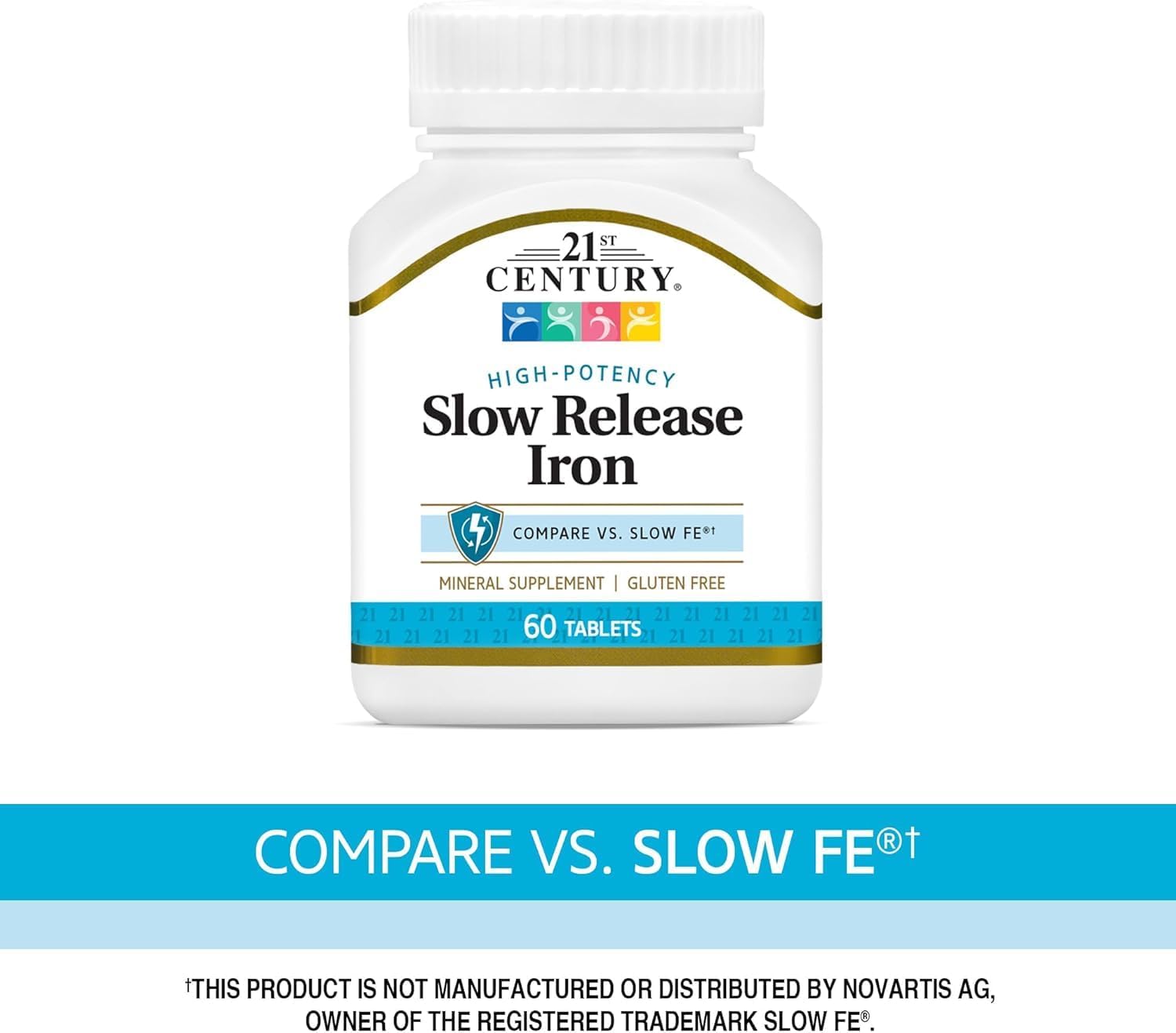 21st Century Slow Release Iron 45mg Tablets, Gentle on Stomach, 60 Count | High-Potency Ferrous Sulfate, Compare VS. Slow FE® & Healthy Red Blood Cells, Gluten Free, No Added Yeast, For Women & Men