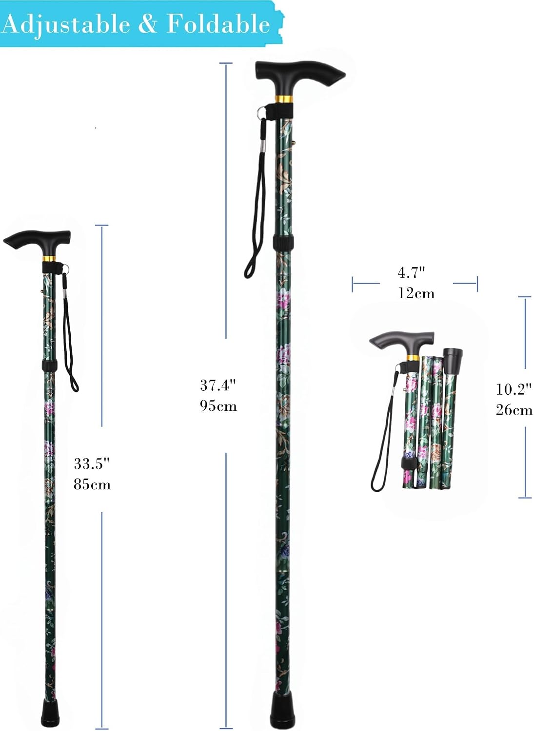 Folding Lightweight Walking Stick - Adjustable Aluminum Metal Collapsible Travel Cane with Non-Slip Rubber Base