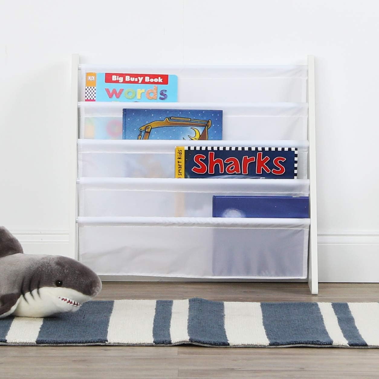 Humble Crew Kids Bookshelf, Montessori Front Facing Toddler Bookcase 4 Tier | Book display rack and reading nook organizer, nylon pockets show covers face out, compact for any playroom or bedroom space