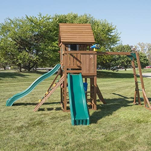 Swing-N-Slide WS 8354 Knightsbridge Super Wooden Swing Set with Two Slides, Play Set, Monkey Bars, Climbing Wall, Music Play & Climbing Wall, Wood