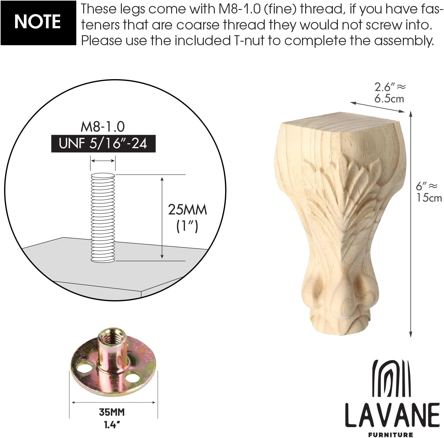 La Vane 6 inch / 15cm Wooden Furniture Legs, Set of 4 European Style Solid Wood Carving Furniture Replacement Feet Decoration for Sofa Cabinet Wardrobe Table Loveseat